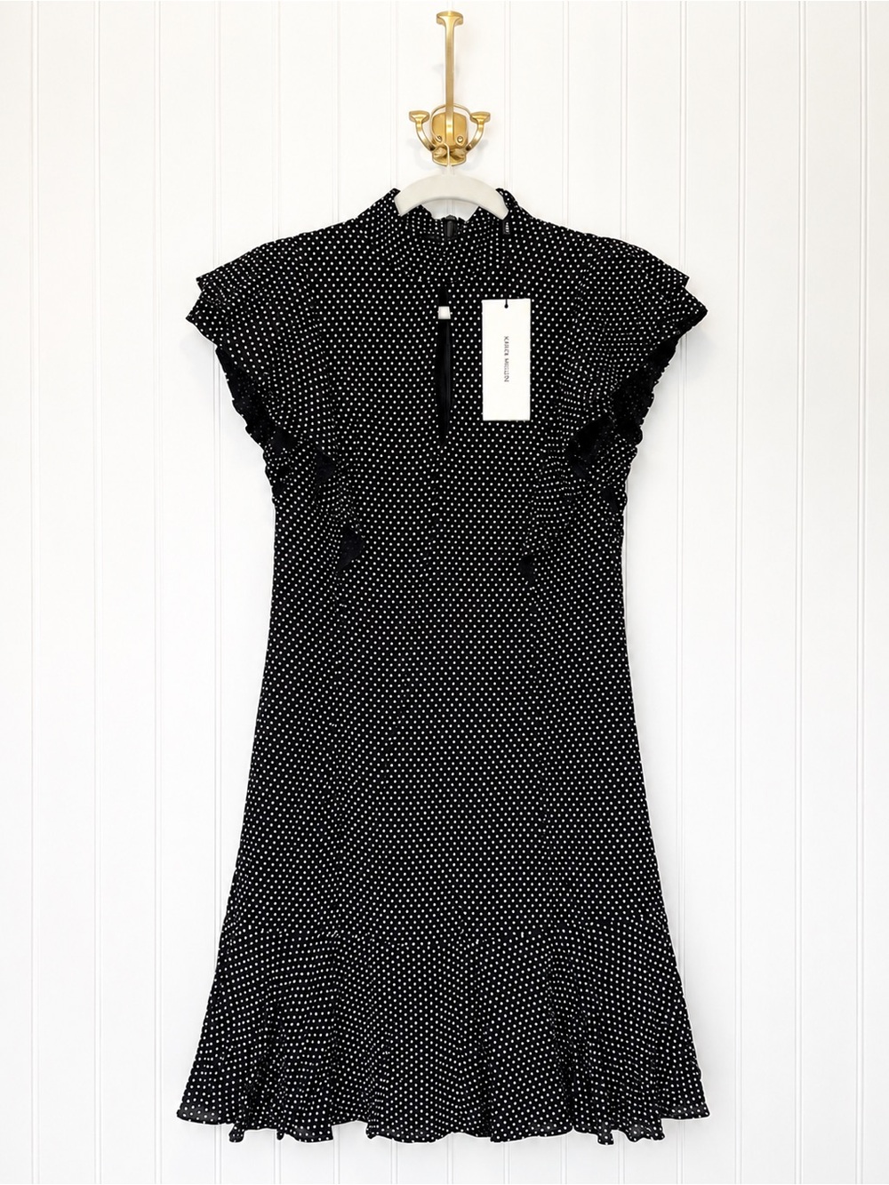 Karen Millen Polka Dot Neck Tie Ruffle Midi Dress NWT US 4 UK 8 Black And White